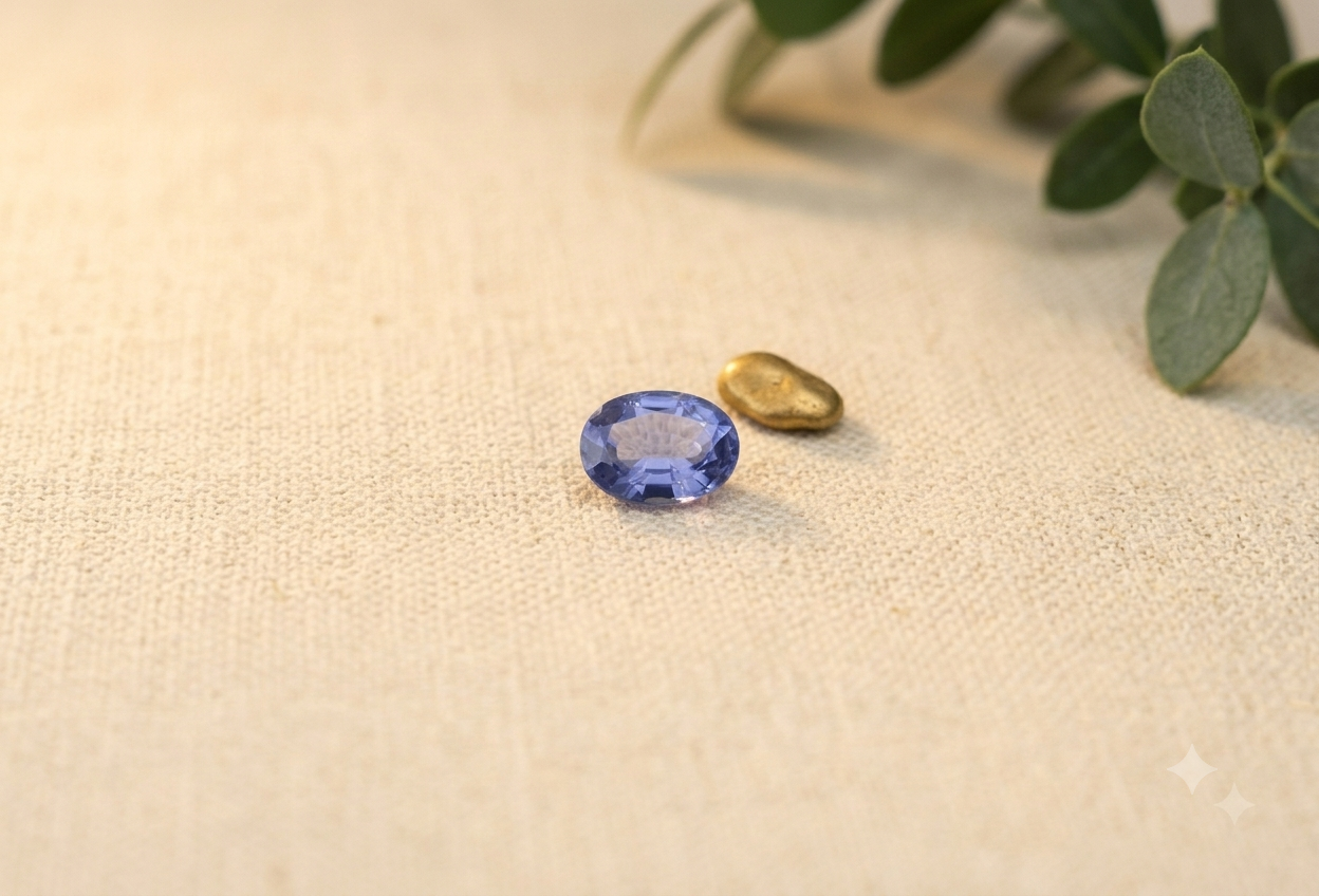 A blue Ceylon sapphire and a gold gemstone on cream linen with green foliage — Mustard Seeds Gems